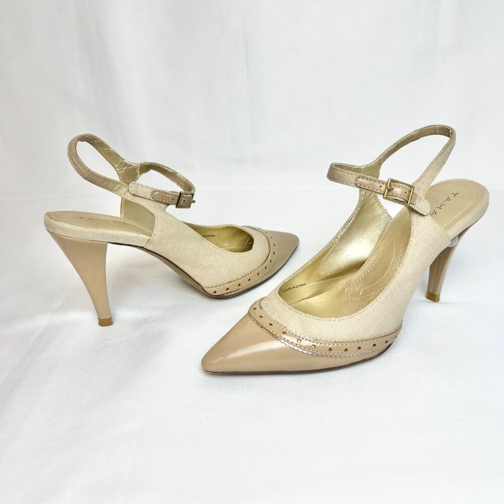 Tahari Shoes Womens Alycia Slingback Patent / Linen Heels Beige Size US 7M